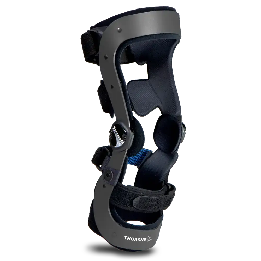 Isolated close up image of Rebel Pro knee brace with Exclusive Synergistic Suspension Strap and rigid aircraft aluminum frame.